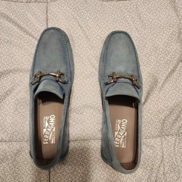Salvatore Ferragamo Blue Suede Men's Loafers 9EE, Light Blue Denim Color Suade - Picture 3 of 7